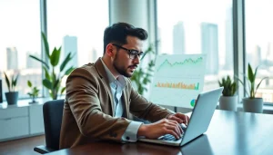 Stock picker analyzing financial graphs in a modern office.