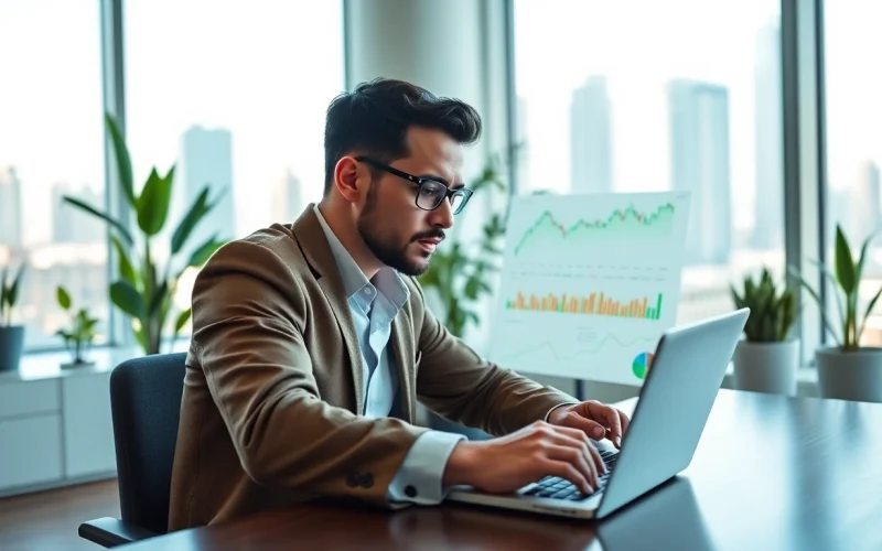 Stock picker analyzing financial graphs in a modern office.