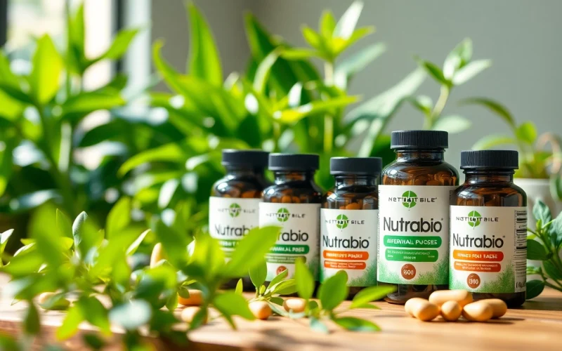 Nutrabio supplement products showcased in a vibrant green setting to highlight their health benefits.