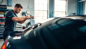 Get expert car tint near me applied by a professional technician in a well-lit auto shop.