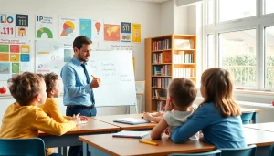Engaged 11 plus tutor teaching students in a vibrant classroom setting, fostering a positive learning environment.