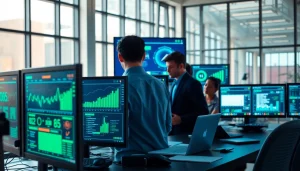 Cyber security services team analyzing real-time data alerts in a modern office environment.