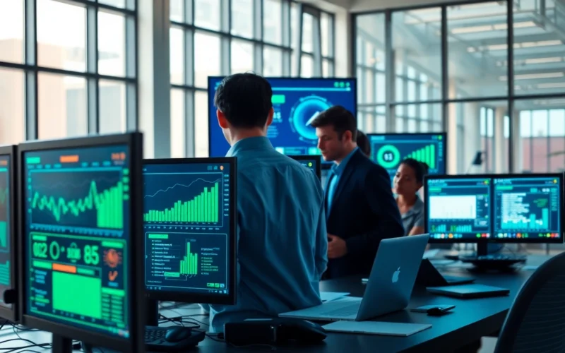 Cyber security services team analyzing real-time data alerts in a modern office environment.