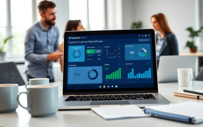Engaging analytics on customer retention software displayed on a laptop.