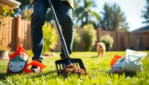 Efficiently clean up dog poop in a sunny backyard with a professional pooper scooper.