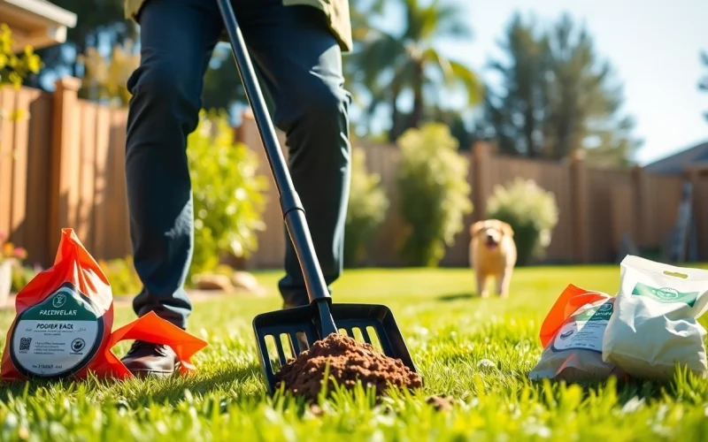 Efficiently clean up dog poop in a sunny backyard with a professional pooper scooper.