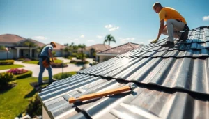 Installers applying florida metal roofing in a sunny neighborhood, showcasing quality installation.