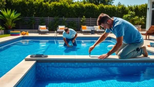Showcasing swimming pool installation with professionals laying tiles in a luxurious backyard.