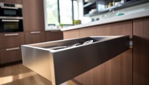Showcase of a Slim box drawer system in a modern kitchen, highlighting its sleek design and soft-close feature.