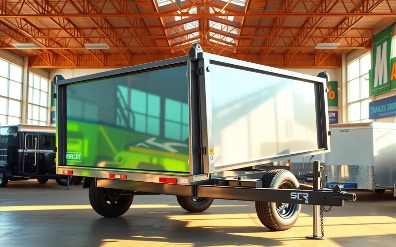 Browse a premium dump trailer for sale near me in a bright dealership setting featuring diverse models.